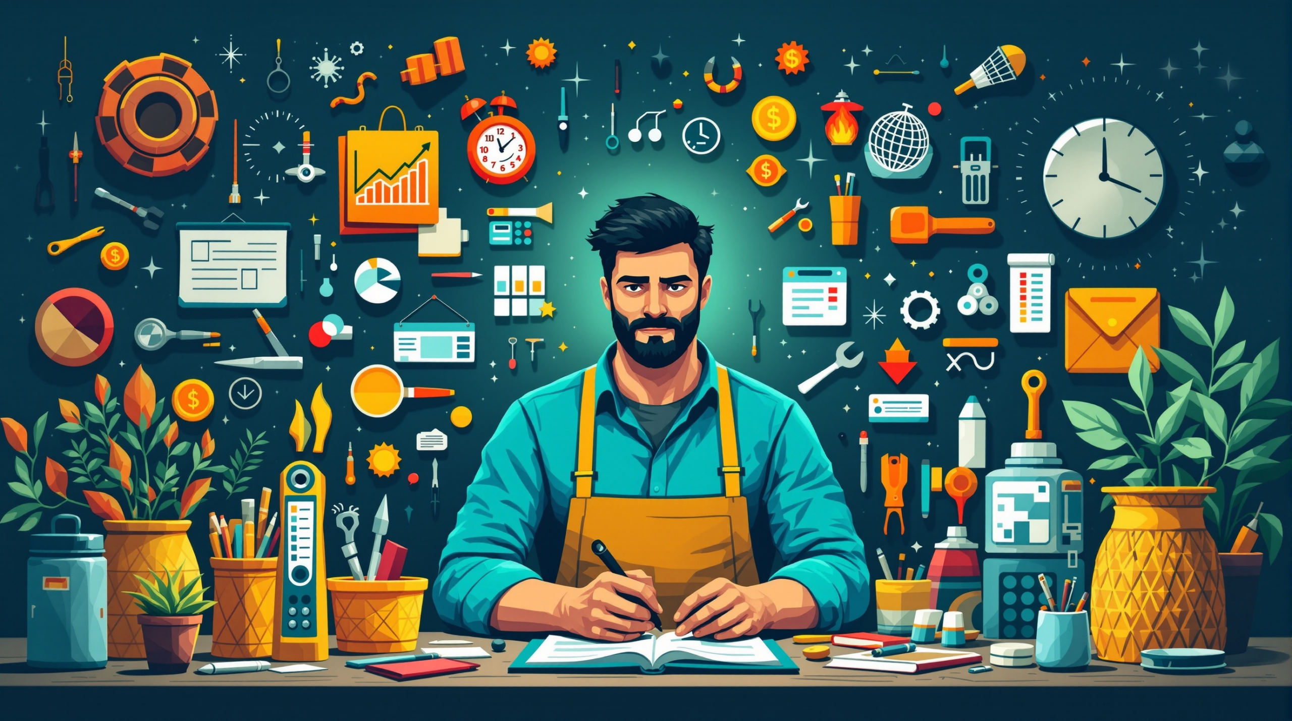 un homme assis à un bureau avec un livre et un stylo