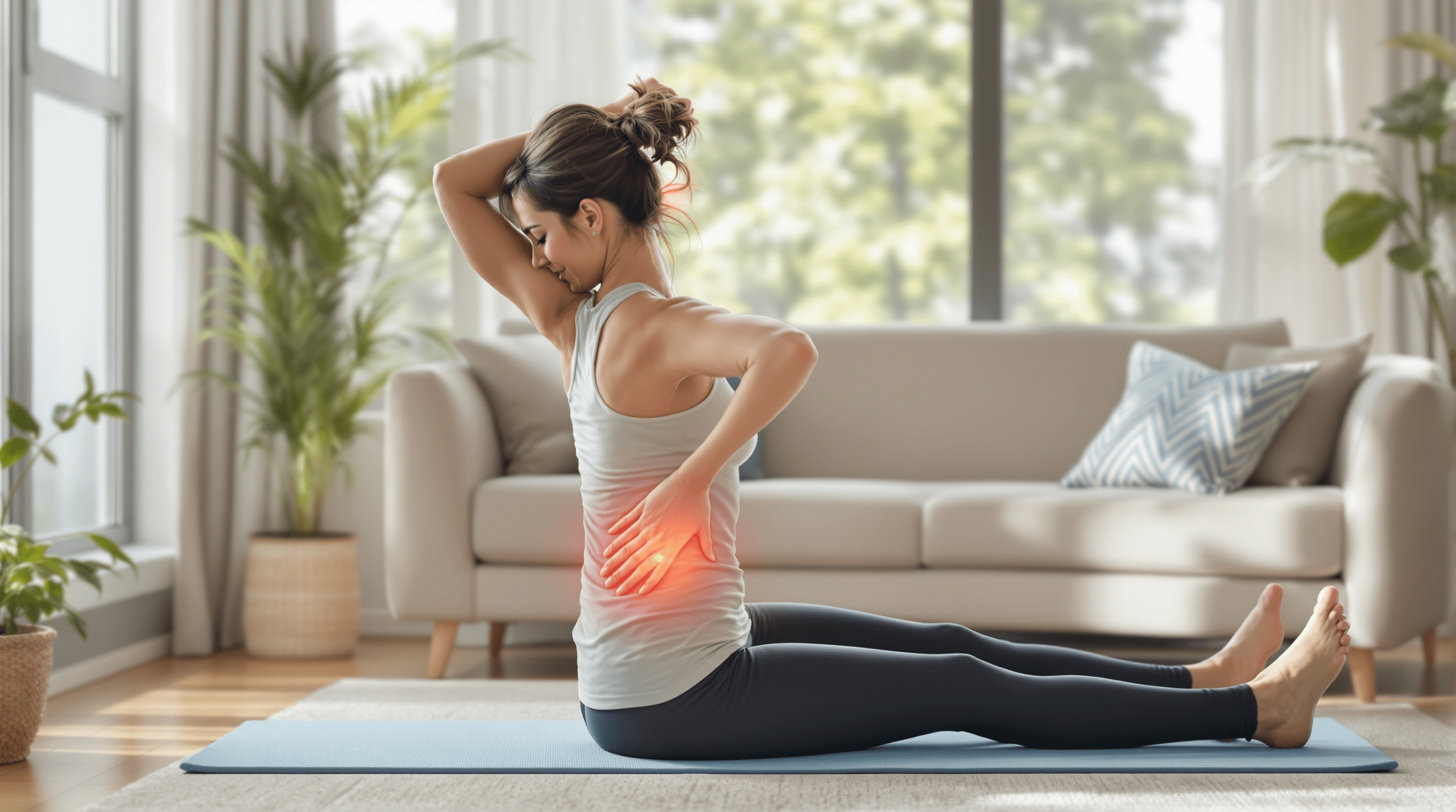 une femme assise sur un tapis de yoga, dos à la caméra