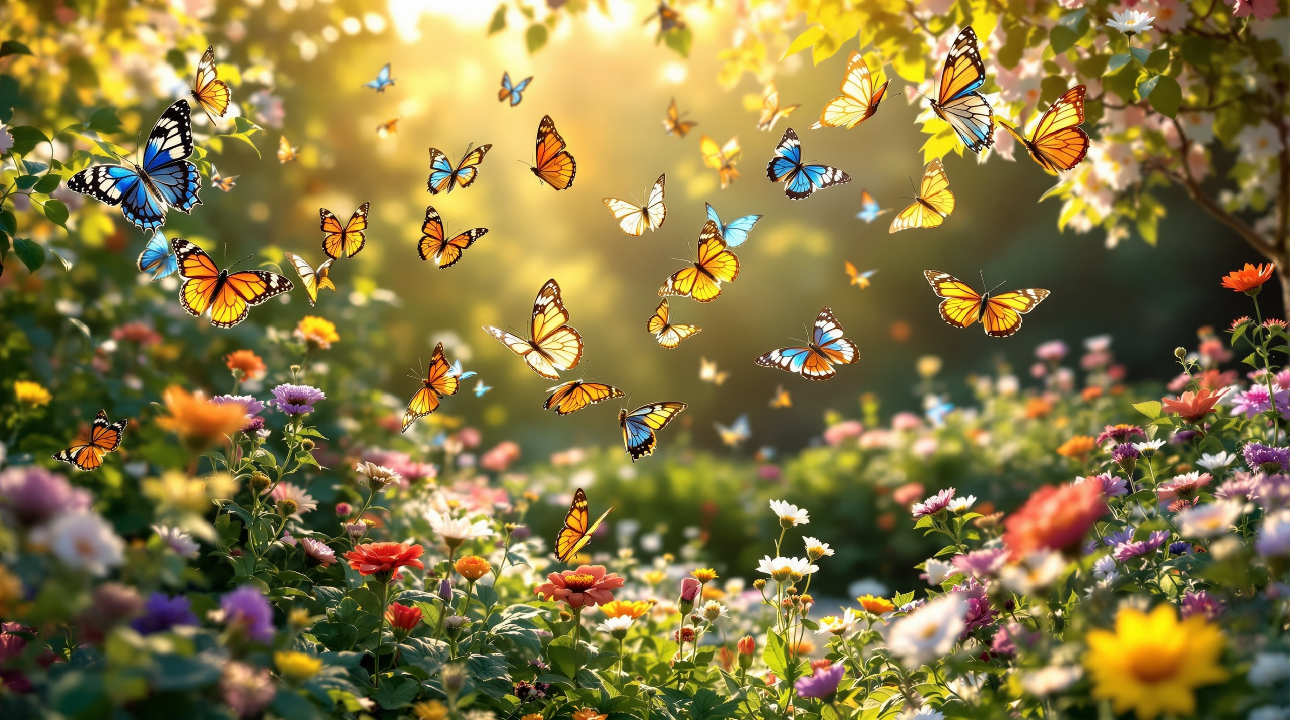 un groupe de papillons volant au-dessus d'un champ de fleurs